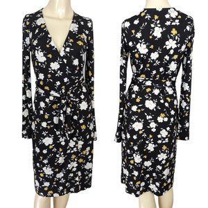 Ann Taylor black yellow white floral print long sleeve wrap around‎ dress sz 0